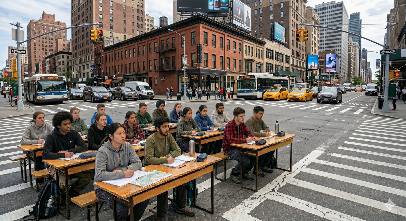 Students at desks on a city street