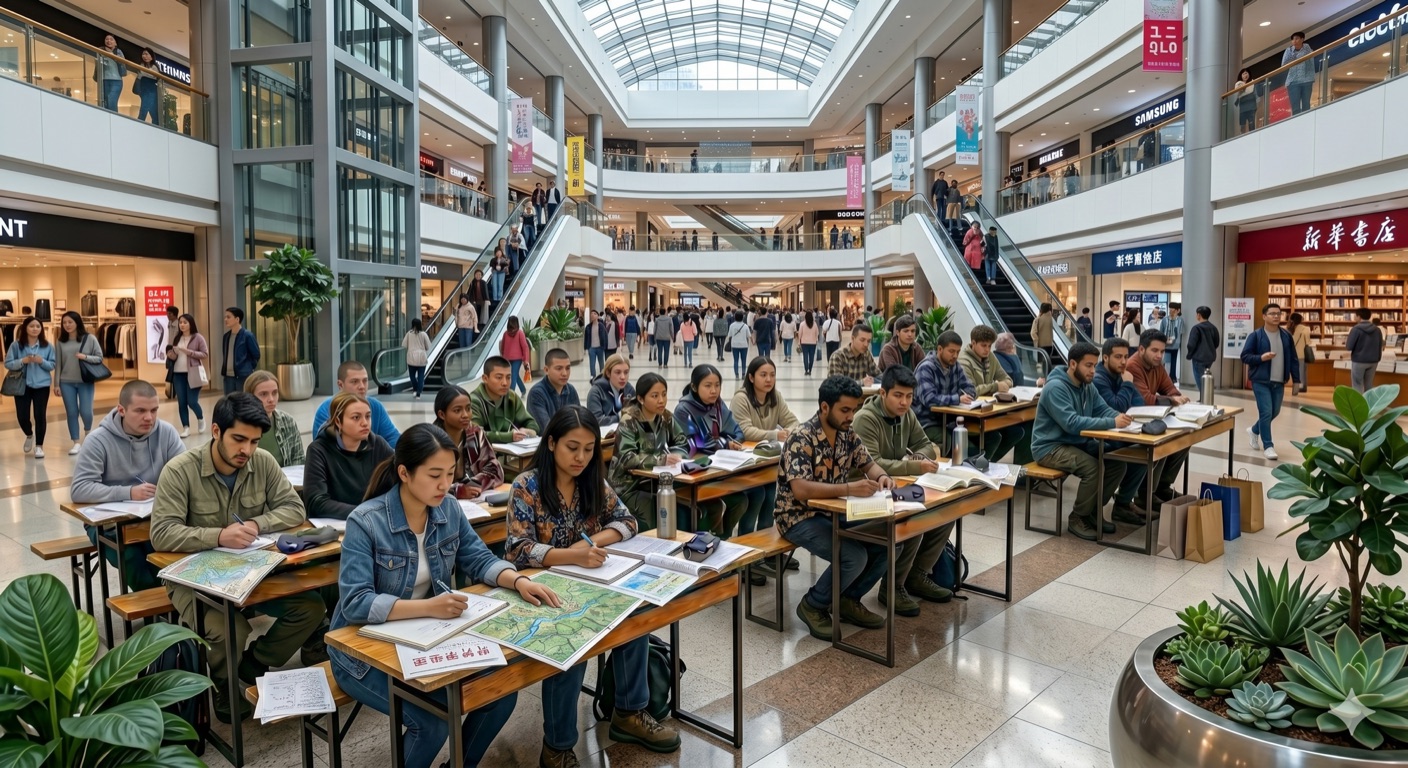 Students at desks inside a shopping mall