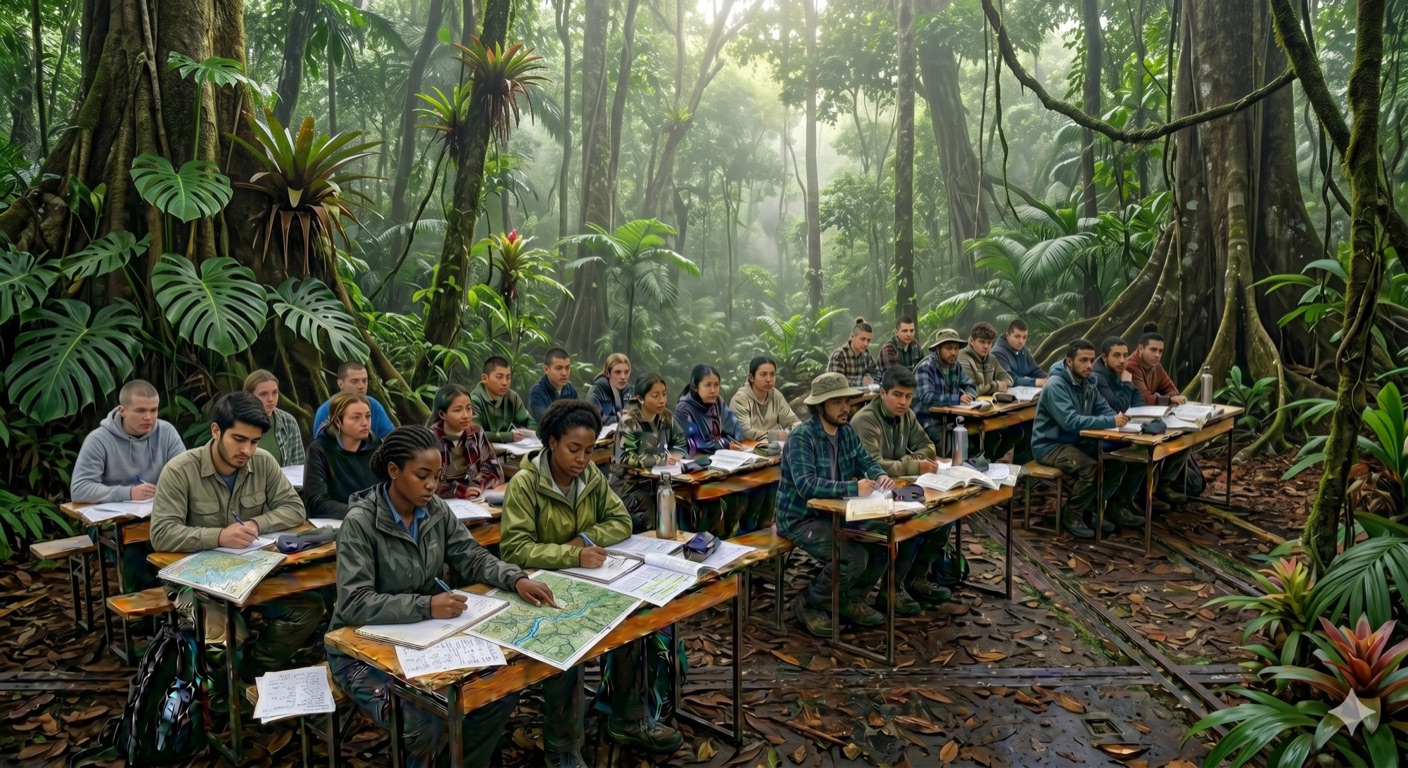 Students at desks in a rainforest clearing