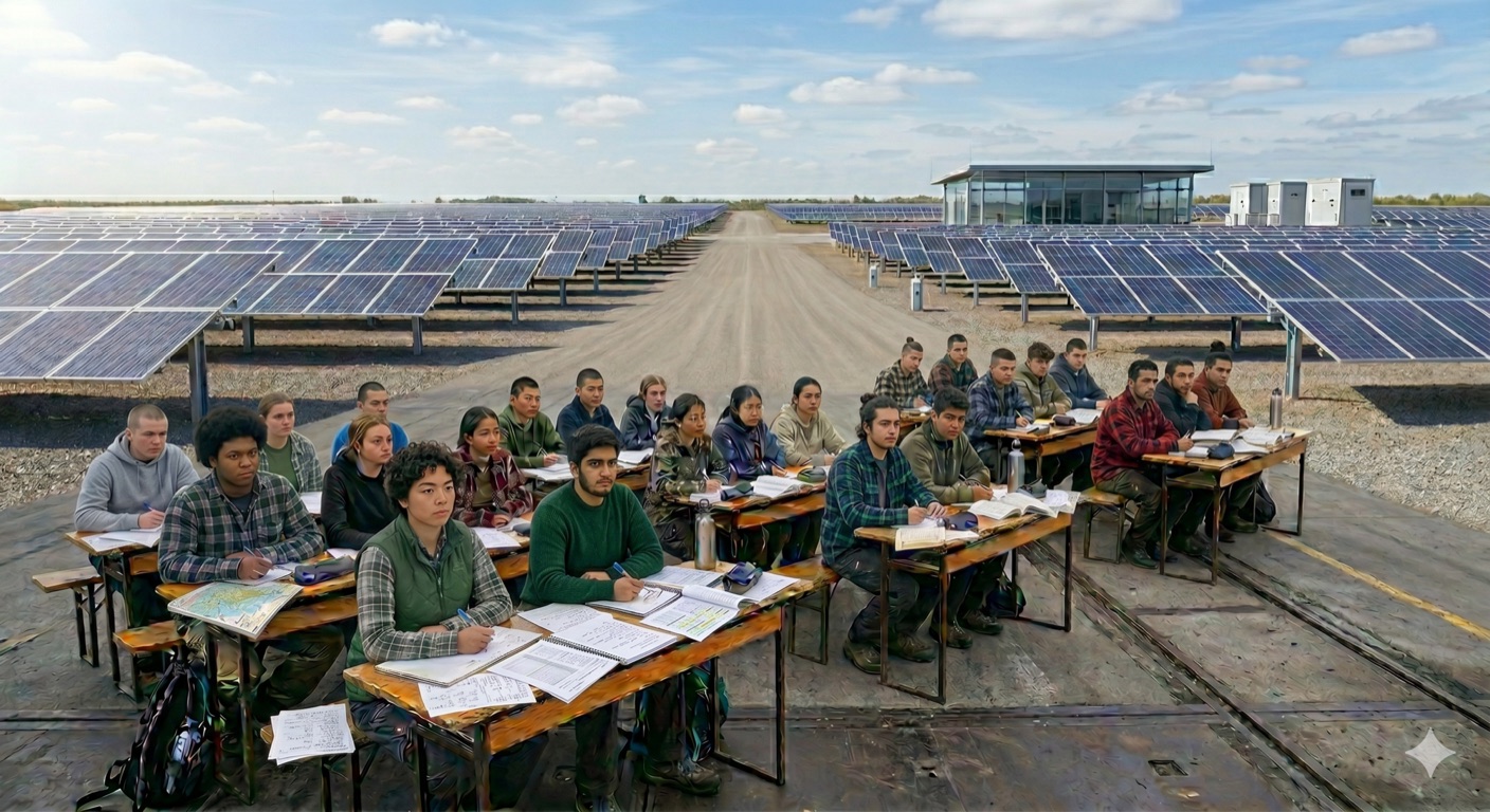Students at desks beside a solar farm