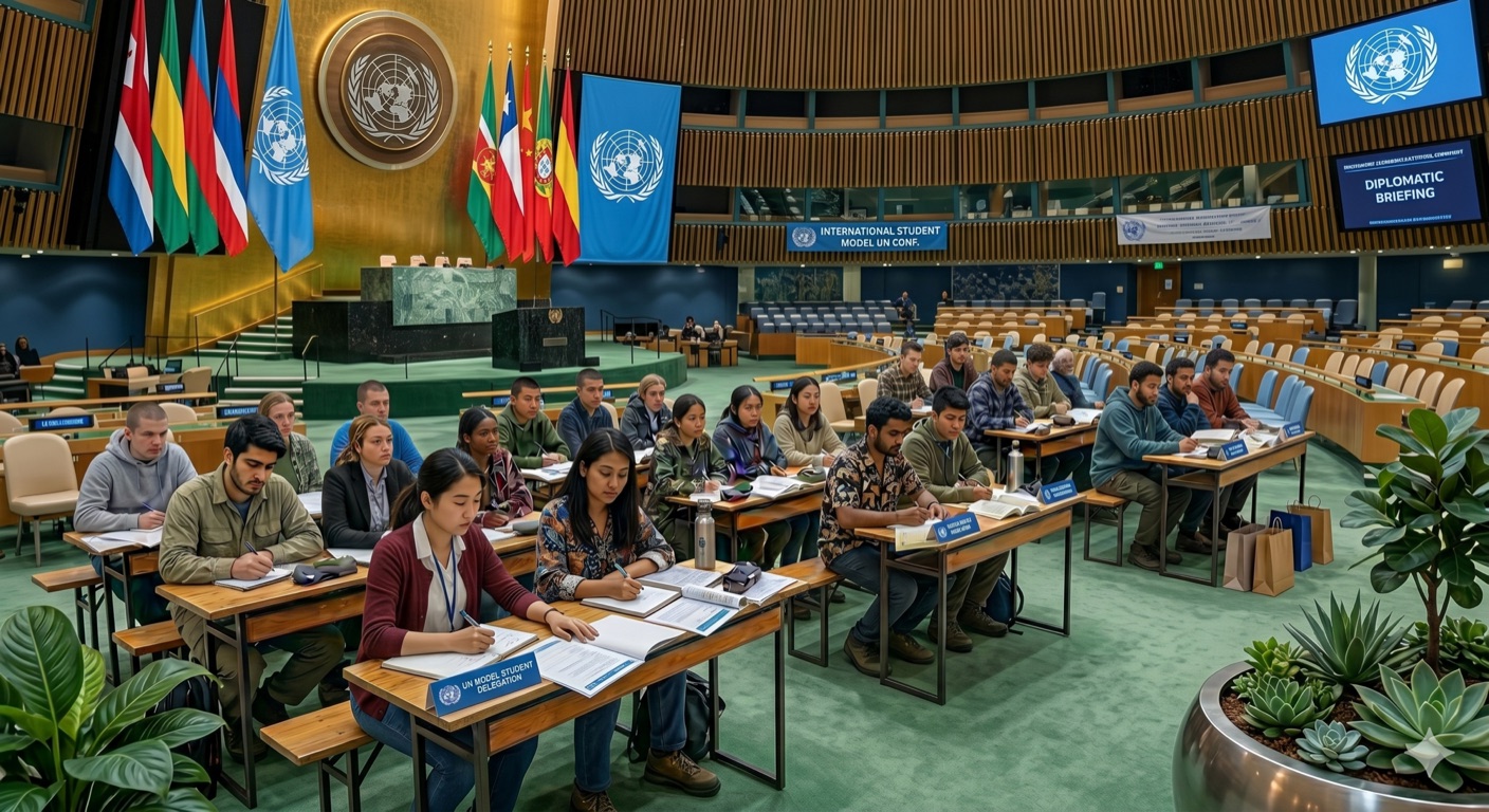 Students at desks in a UN-style assembly hall