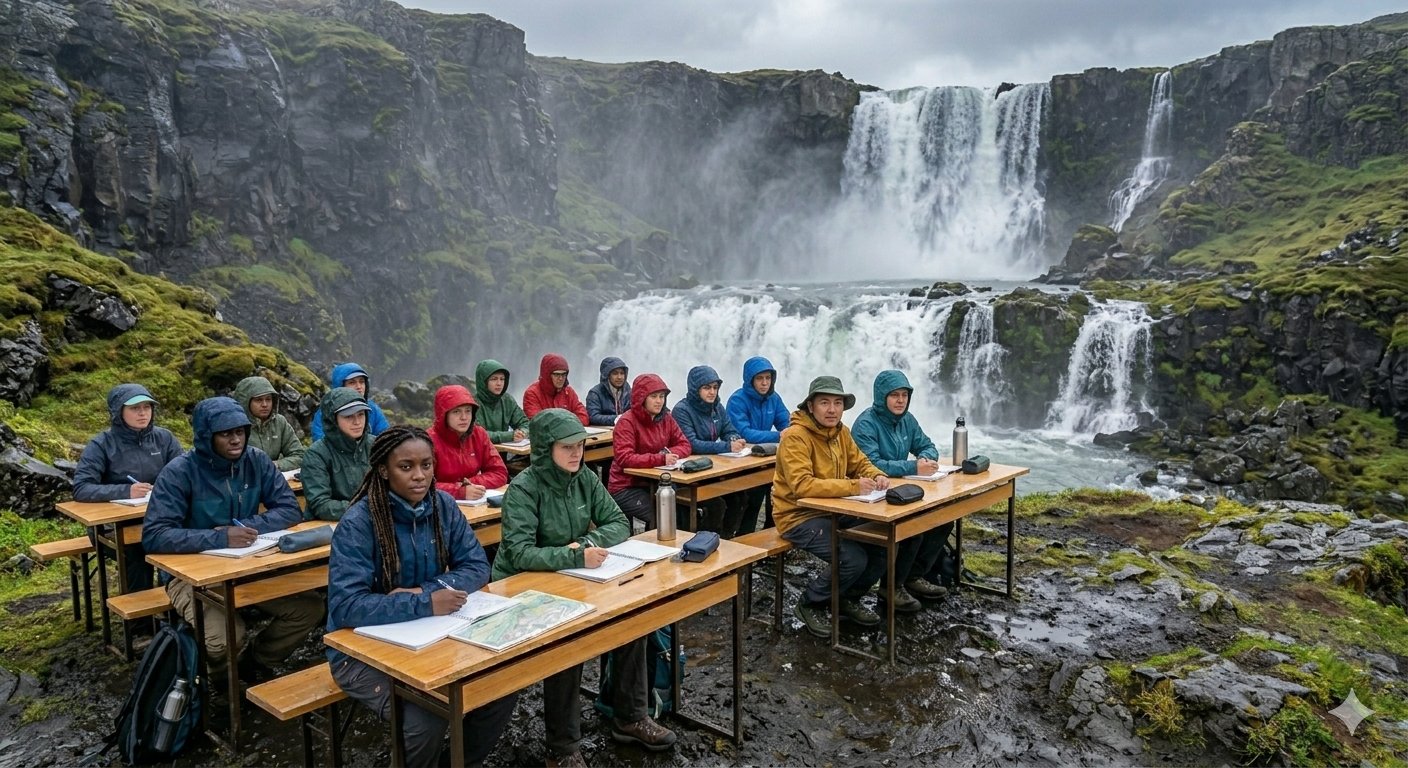Students at desks in front of a waterfall